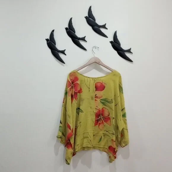 Claudia Collezioni Italy 100% Linen Lagenlook Floral Print Oversize Blouse - XL - Picture 2 of 9